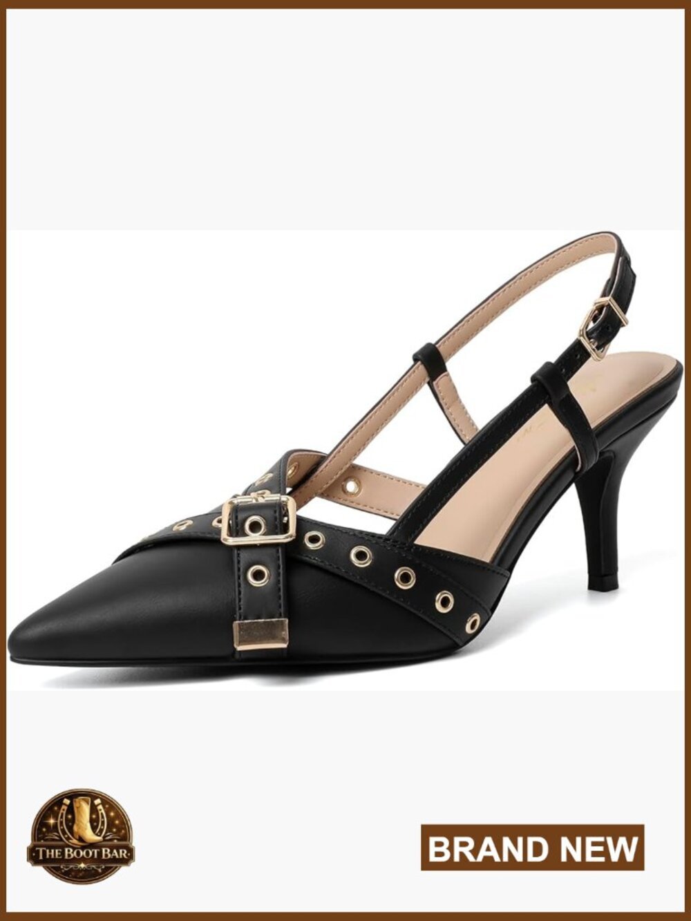 Vintage Studded Kitten Heels Pointed Toe Buckle Strap Pumps 3 Inch